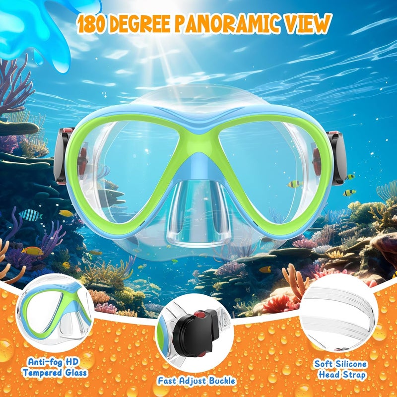 Jwintee Kids Snorkel Set, Dry Top Snorkeling Gear for Kids, Diving Mask for Youth Boys Girls Age 5-15, Tempered Glass Swimming Goggles Combo Set, Anti-Fog Panoramic View Kids Snorkel Set - Image 3
